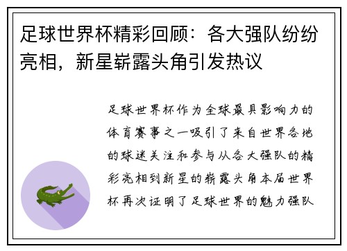 足球世界杯精彩回顾：各大强队纷纷亮相，新星崭露头角引发热议