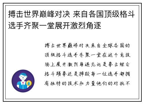搏击世界巅峰对决 来自各国顶级格斗选手齐聚一堂展开激烈角逐