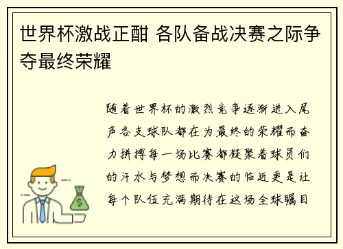 世界杯激战正酣 各队备战决赛之际争夺最终荣耀