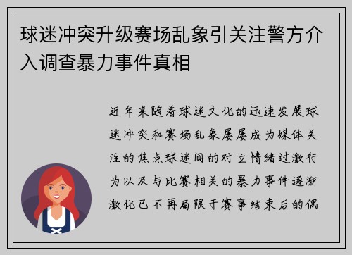 球迷冲突升级赛场乱象引关注警方介入调查暴力事件真相